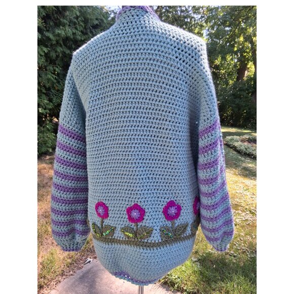 Crochet Flower Beaded Sequin Sweater with matching Scarf L/X:L - Picture 7 of 9